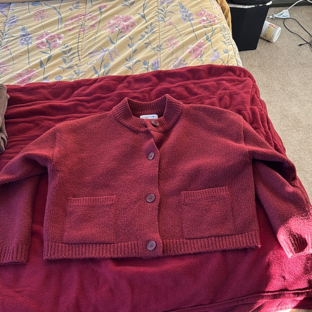 Red Knit Buttoned Cardigan